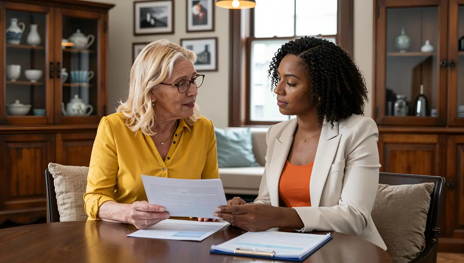 Personal concierge reviewing documents with an older woman at home while providing personalized planning and daily assistance in Dover, Delaware.
