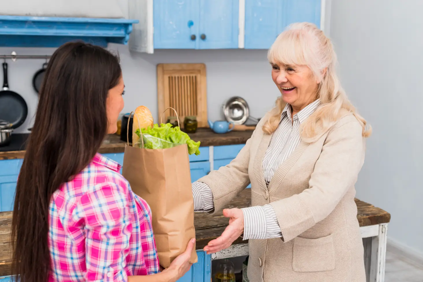 Personal concierge delivering groceries to an older woman as part of senior errand and shopping assistance in Dover, Delaware.